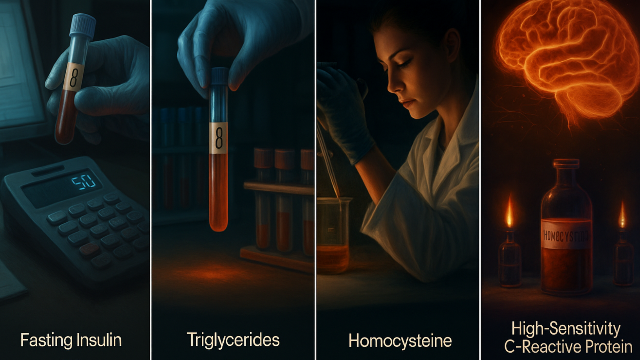 A visual showing lab tests for fasting insulin, triglycerides, homocysteine, and high-sensitivity C-reactive protein related to brain and inflammation health.